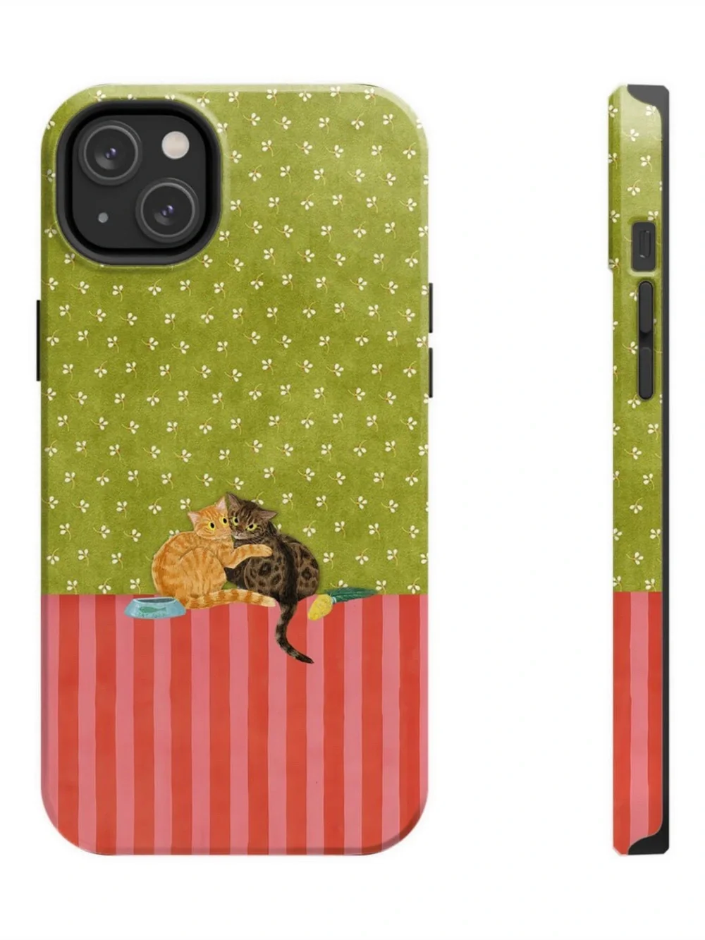 Cute Two Cats Phone Case in Green and Red - Pet Lover Design